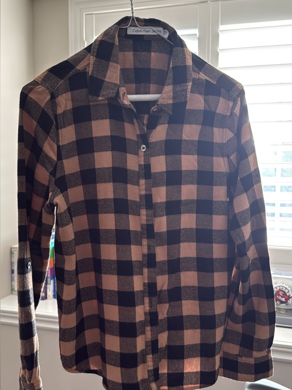 Calvin Klein Womens Black and Brown Plaid Button-Up Shirt